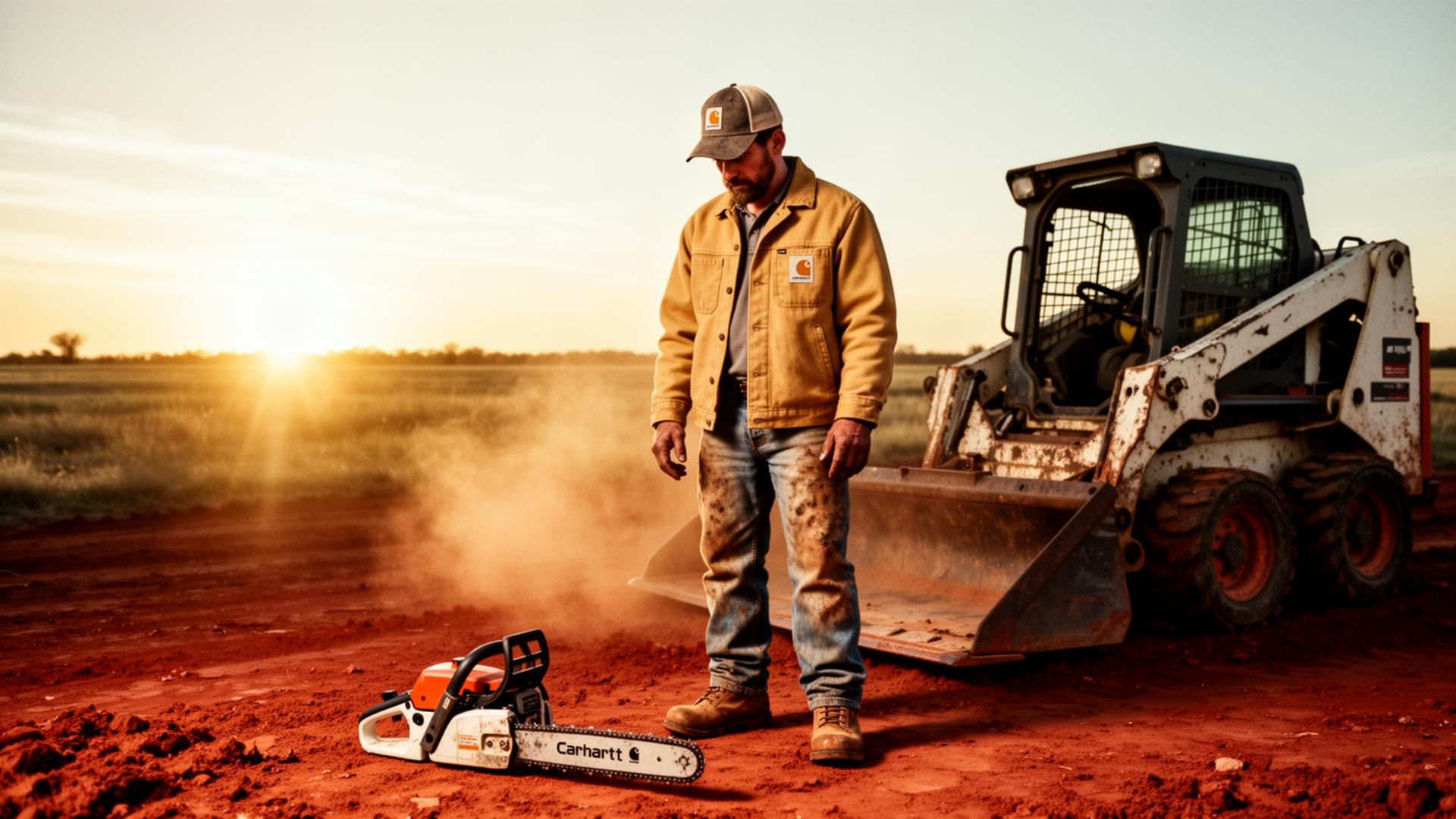 Oklahoma landscaper in workwear on red dirt at golden hour